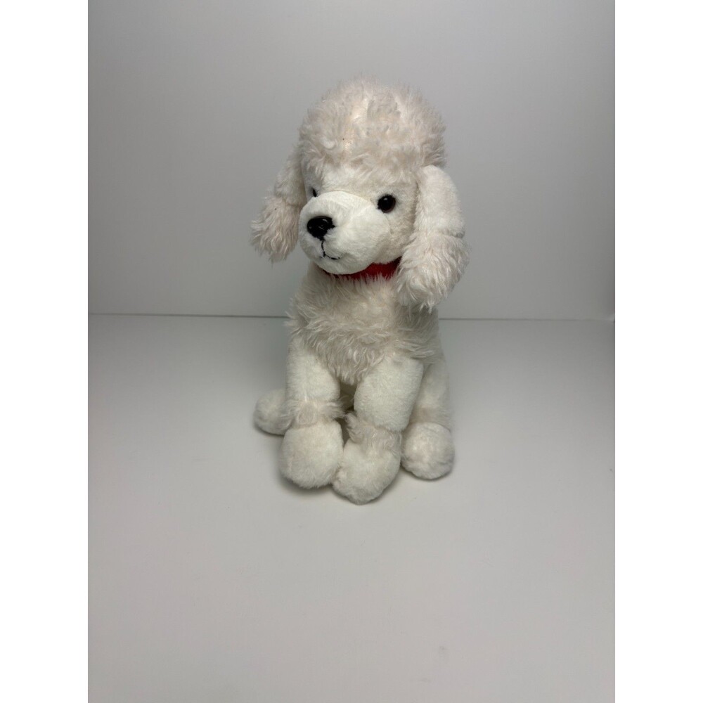 FAO Schwarz White Poodle Plush 14 Inch Stuffed Dog Red Collar Signature Button